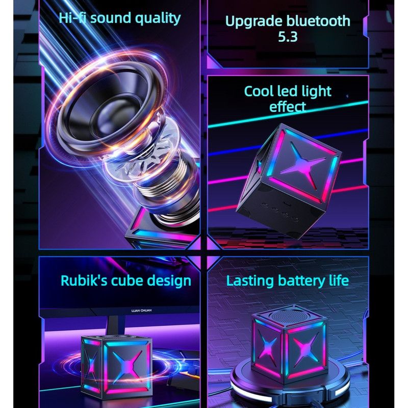 RGB Bluetooth 5.3 Speaker, Dual Speakers with 360° Surround Stereo Sound, FM Radio Included—Black