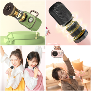 Dual Mic Karaoke Speaker, Portable Bluetooth Karaoke Audio Set, Family Wireless Microphone KTV Speaker—Pink