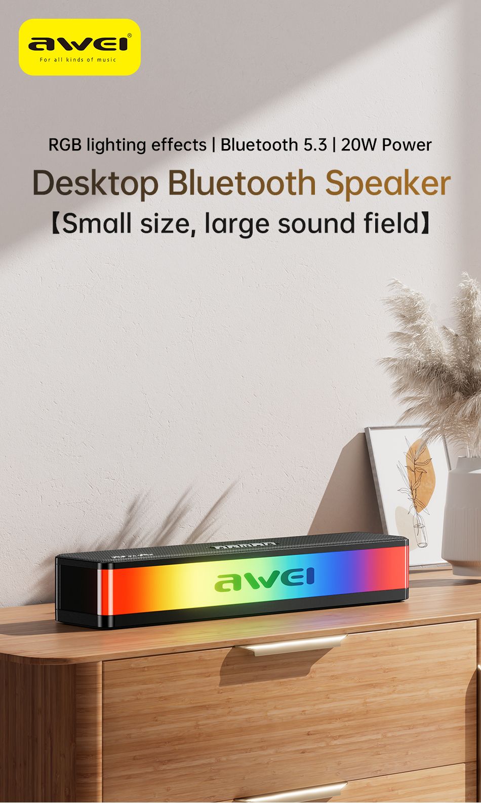 AWEI KA23 Wireless Bluetooth Soundbar, RGB Dynamic Lighting Stereo Speaker,black